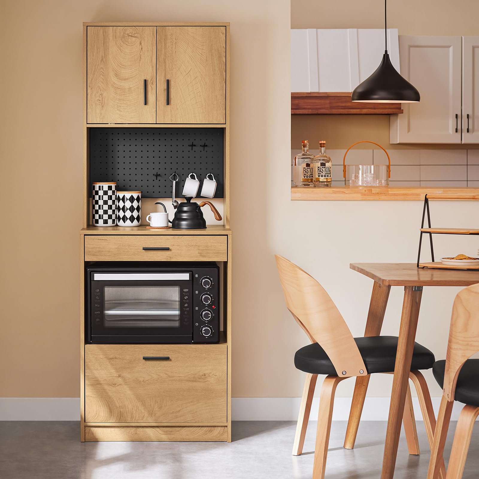 SoBuy Mikrowellenschrank mit Lochwand für Haken & Schublade, 60x170x40cm | Hochschrank mit offenem Fach & viel Stauraum, 10 kg je Fach/5 kg Schublade, PB, für Küche & Vorratsraum & Büro, FSB98-N