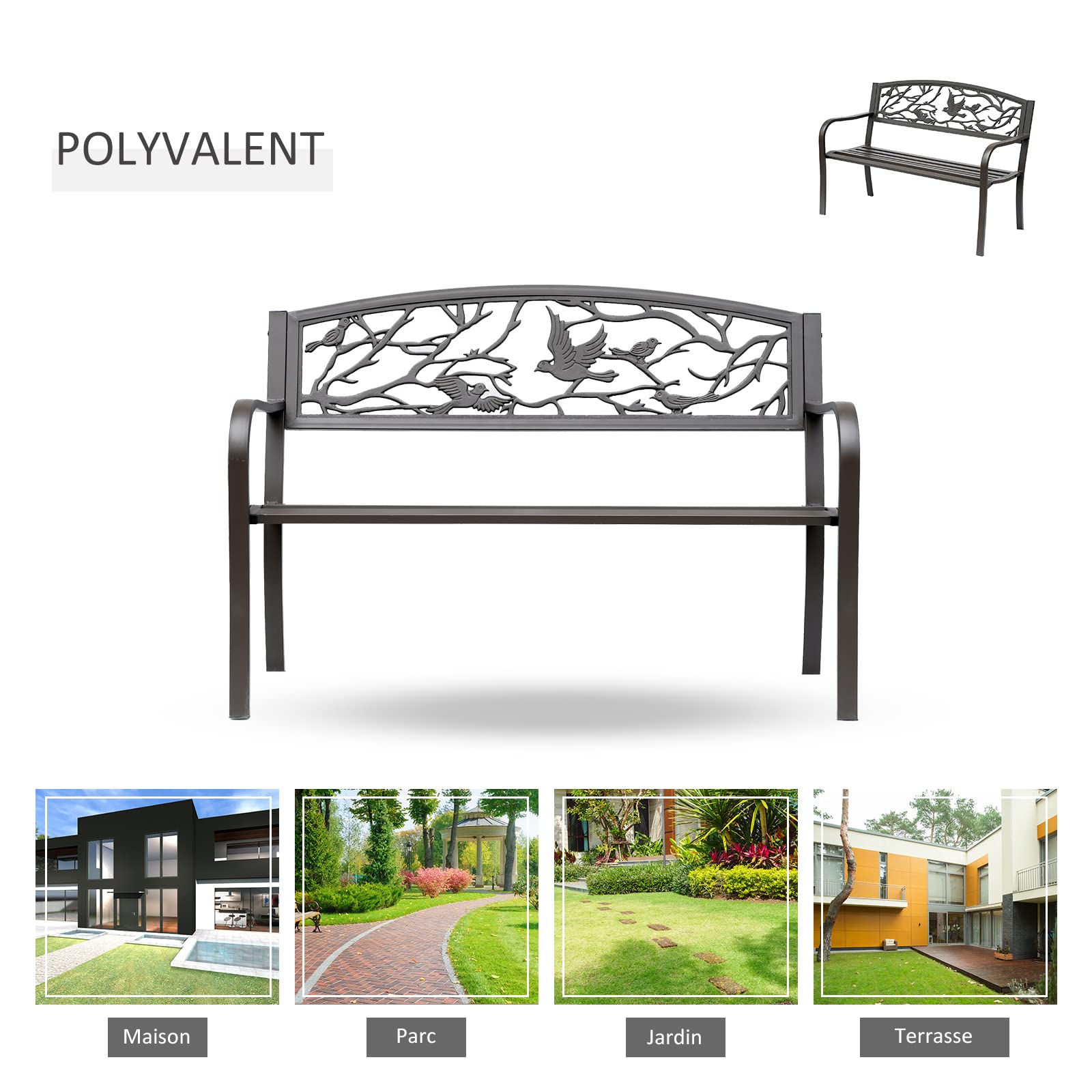 Outsunny Banc de Jardin 3 Places Banc extérieur Jardin Style Rural Chic pour Balcon terrasse Patio 127 x 60 x 85 cm métal époxy anticorrosion Brun