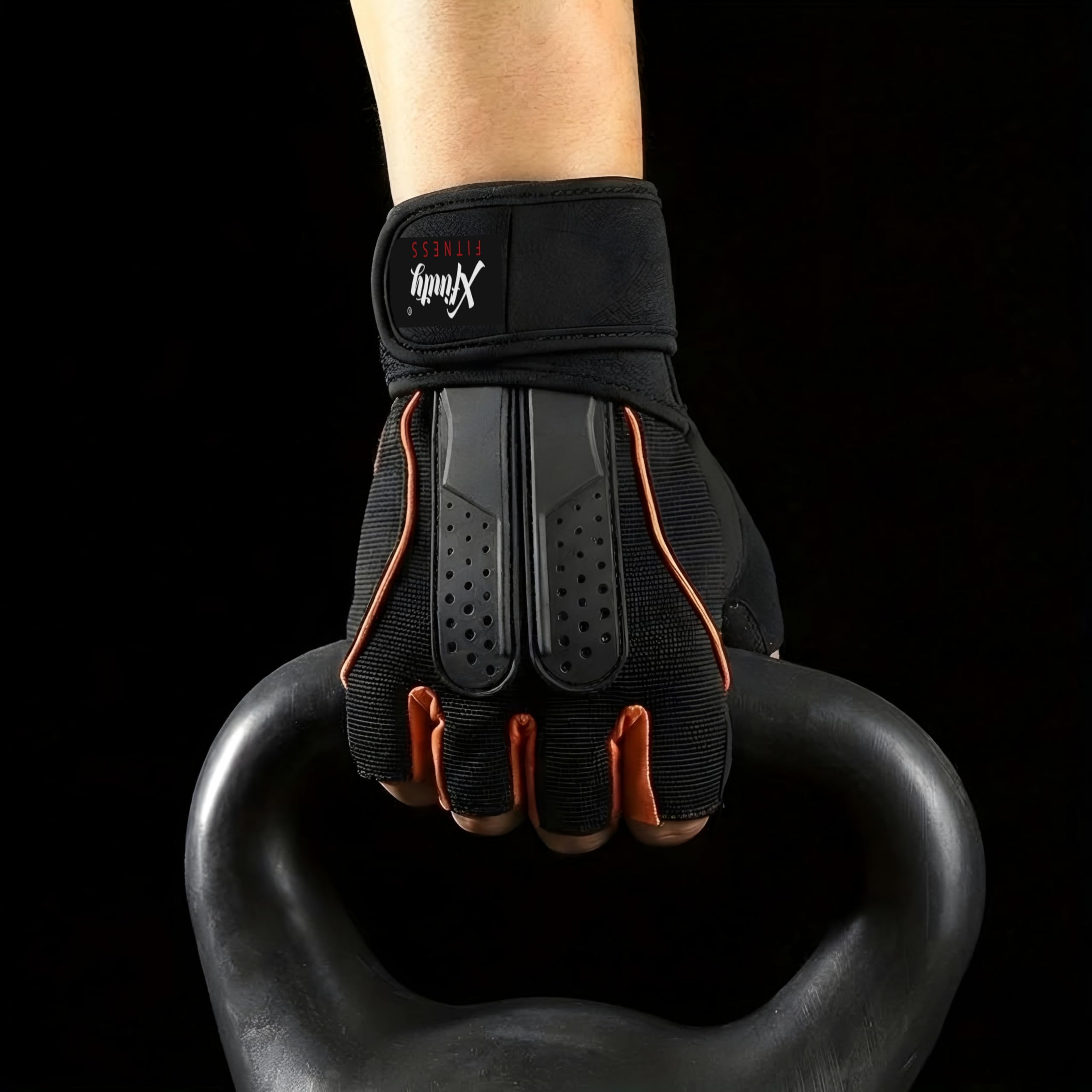 Xfinity Fitness Mens Gym Gloves with 12 Inch Wrist Support and Anti Slip Grip (One Size, ‎Black-Orange)