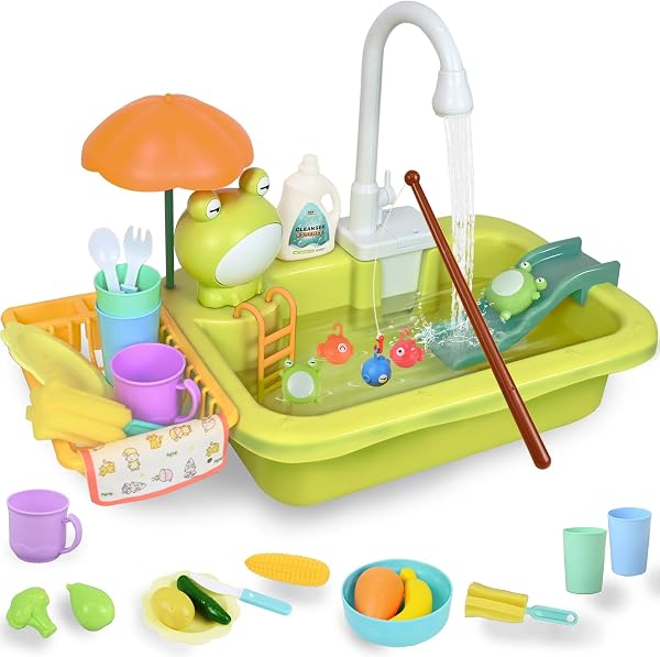 Ulikey Lavello per Bambini, Lavello Giocattolo con Acqua, Giocattoli da Pesca, Sistemi Automatici di Circolazione Dell'acqua, Accessori Cucina Giocattolo, Lavello Cucina per Bambini 3+ (Verde) - 1
