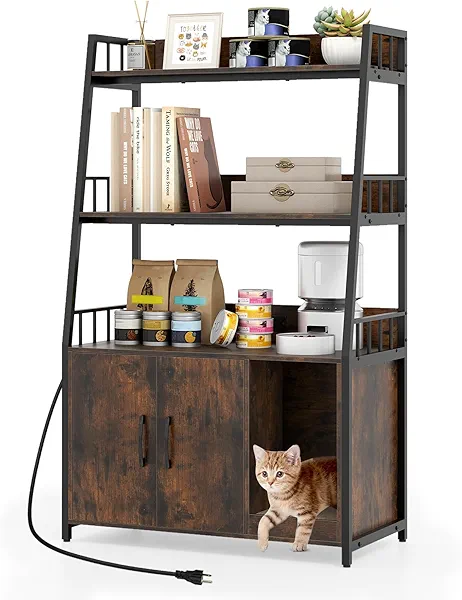 PETSITE Cat Litter Box Enclosure with Storage Shelves, 52 Inches Tall Hidden Litter Box with Charging Station, Scratching Board, and Winding Entry (Rustic Brown)