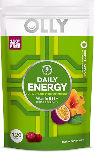 OLLY Daily Energy - Gomitas sin cafeína, vitamina B12, CoQ10, bayas de Goji, suplemento masticable para adultos, sabor tropical, bolsa de 120