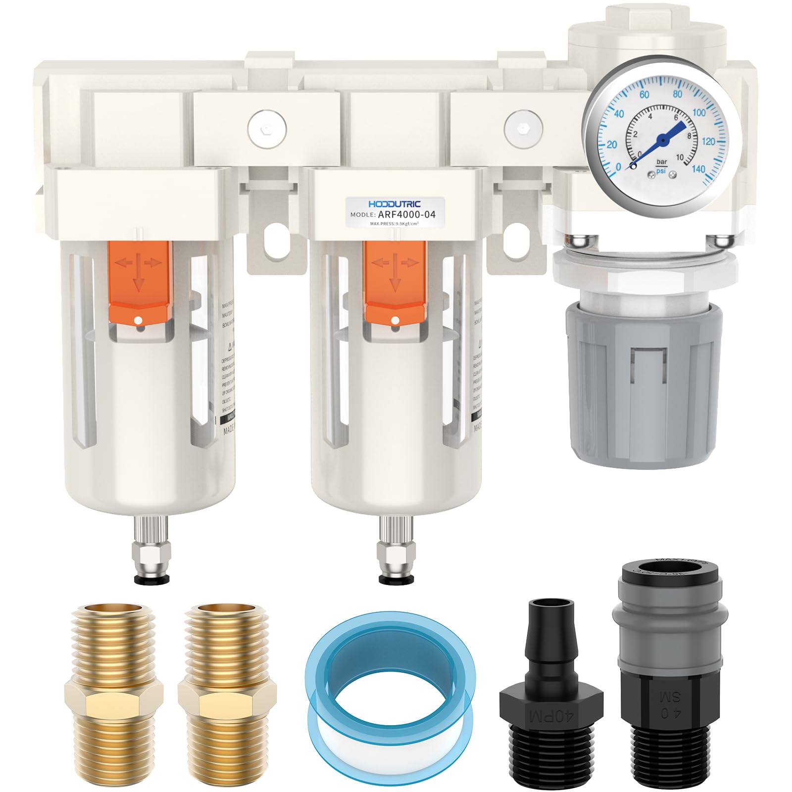 Air Pressure Regulator, Hoodutric 1/2" NPT Air Compressor Regulator Double Air Filters with Pressure Gauge Poly Bowl Semi-Auto Drain Bracket