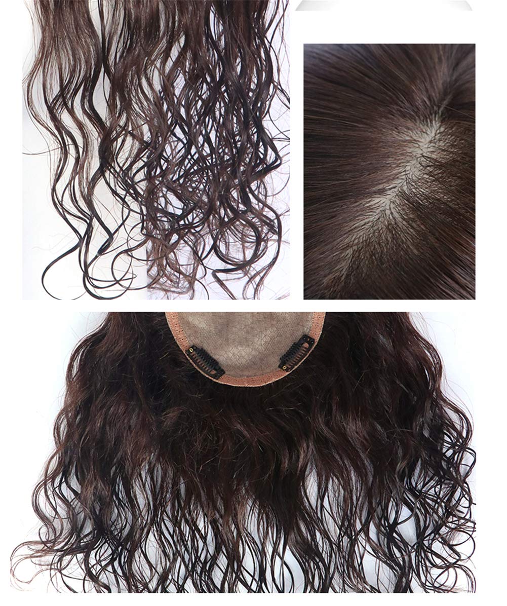 5"x6" Silk Base Human Hair Toppers for Women with Thinning Hair, Natural Curly Forehead Topper Wiglet with Clip in, 20" Dark Brown
