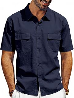 Mens Cargo Shirts Button Down Short Sleeve Shirt Regular Fit Button Up Work Shirts with Two Pockets