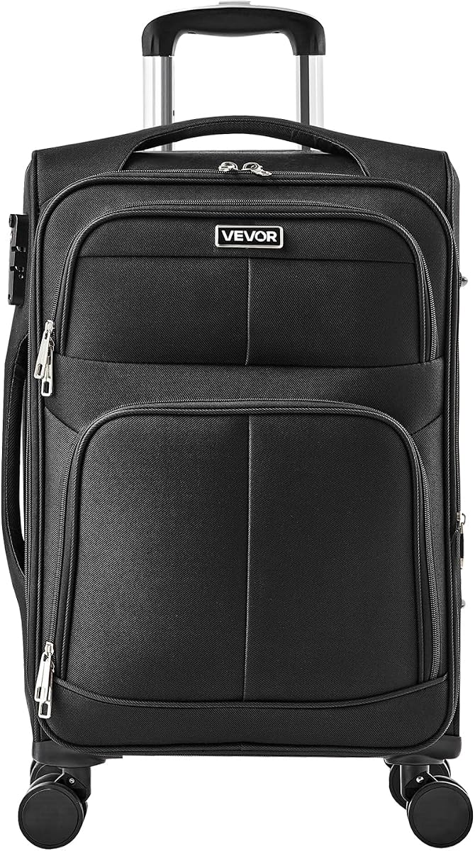 Equipaje extensible Softside con ruedas giratorias, equipaje de mano Softside de 20 pulgadas, maleta ligera a cuadros con bolsillo expandible con cremallera y candado TSA, negro