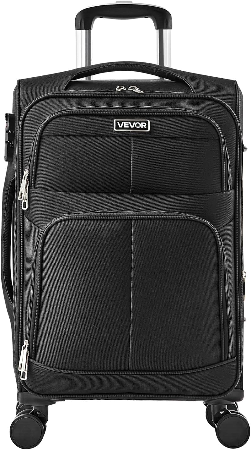 VEVOR Softside Expandable Luggage with Spinner Wheels, 20-Inch Softside Carry on Luggage, Lightweight Checked Suitcase with Expandable Zippered Pocket and TSA Lock, Black