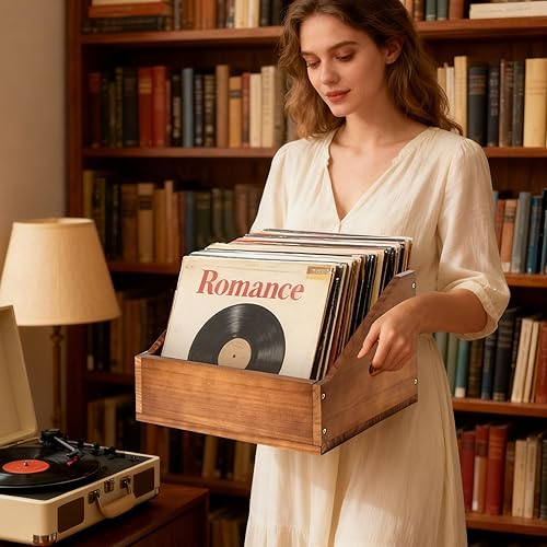Miniatura 7 de Wooden Vinyl Record Storage Crate, Large-Capacity Retro Record Holder Box for 60+ LP Albums, Durable Solid Wood Vinyl Organizer with Handles, Record