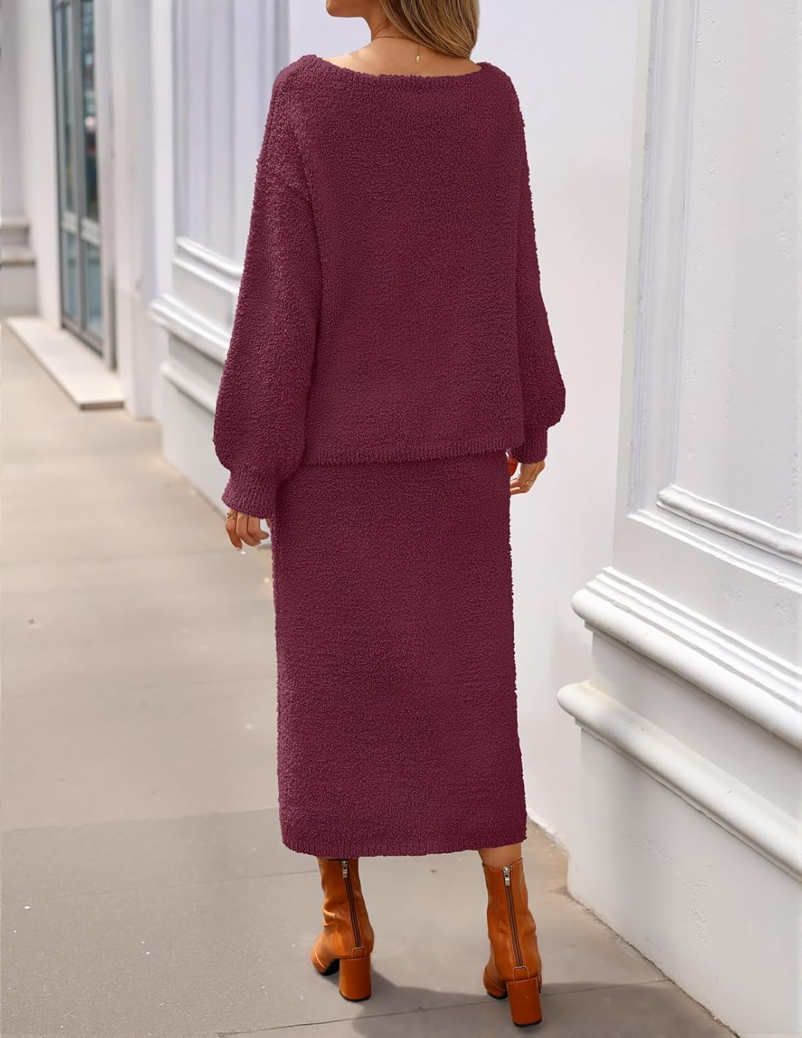 MEROKEETY Women's Fuzzy 2 Piece Outfit Winter Long Sleeve Off Shoulder Pullover Top Midi Skirt Matching Lounge Sets - Image 4