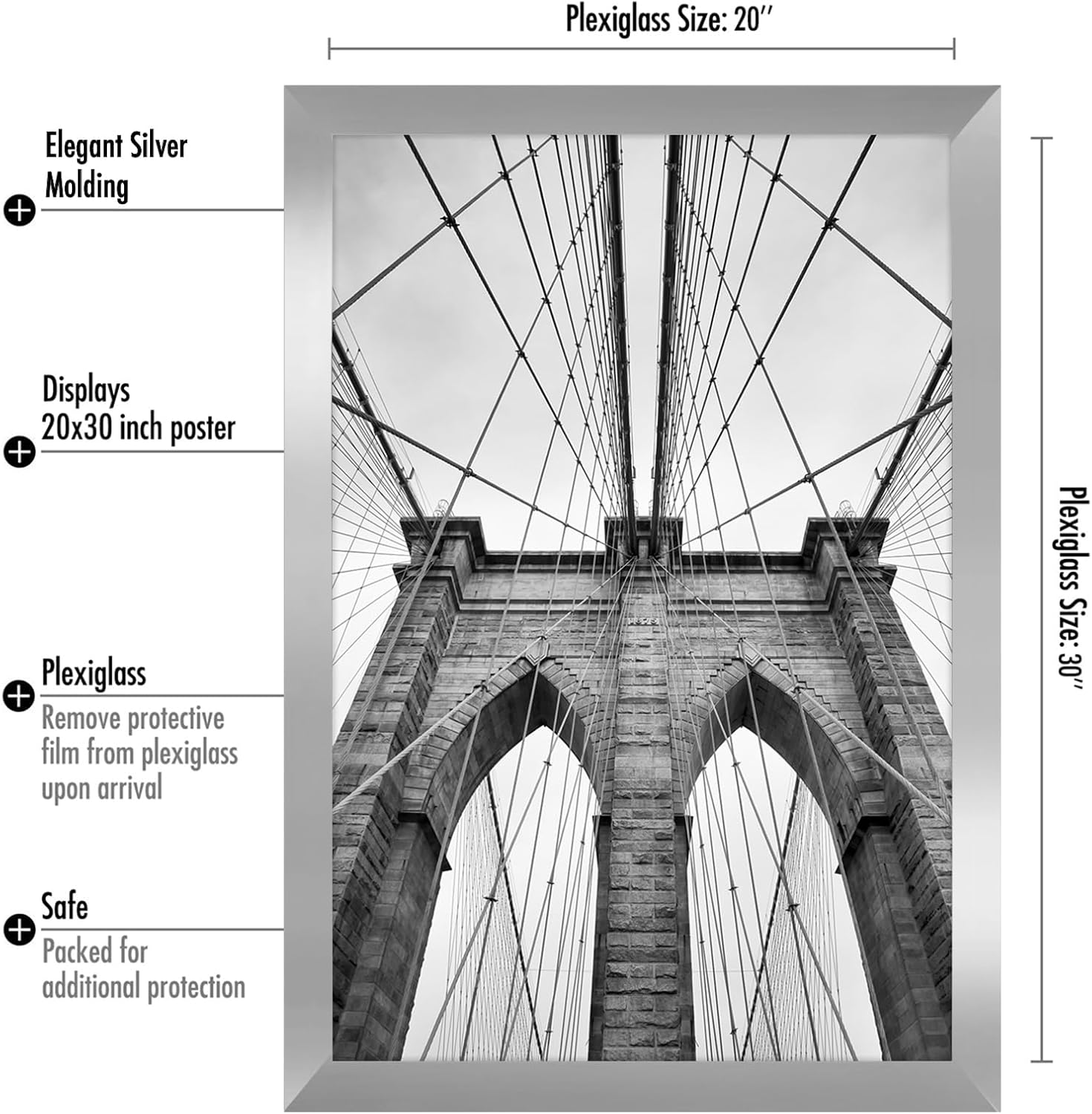 Americanflat 20x30 Poster Frame with Polished Plexiglass - Silver Picture Frame - Wide Photo Frames Made of Engineered Wood for Vertical or Horizontal Wall Display - Epic Collection - Silver 20x30 Silver