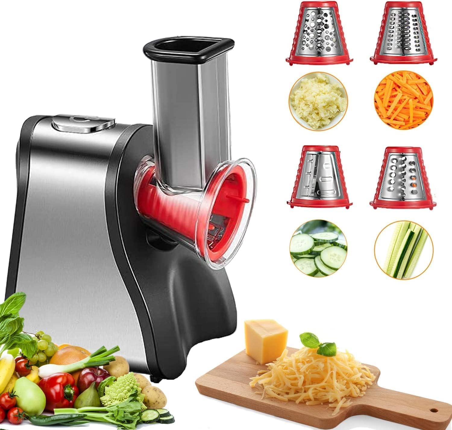 FOHERE 4 in 1 Electric Cheese Grater 150W Multi Electric Salad Maker, Automatic Fruit Cutter and Vegetable Chopper with 4 Interchangeable, Food Processor for Cheese, Cucumber, Carrot
