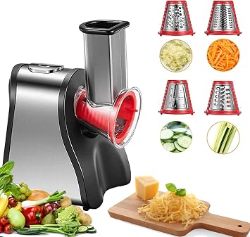 FOHERE 4 in 1 Electric Cheese Grater 150W Multi Electric Salad Maker, Automatic Fruit Cutter and Vegetable Chopper with 4 Interchangeable, Food Processor for Cheese, Cucumber, Carrot