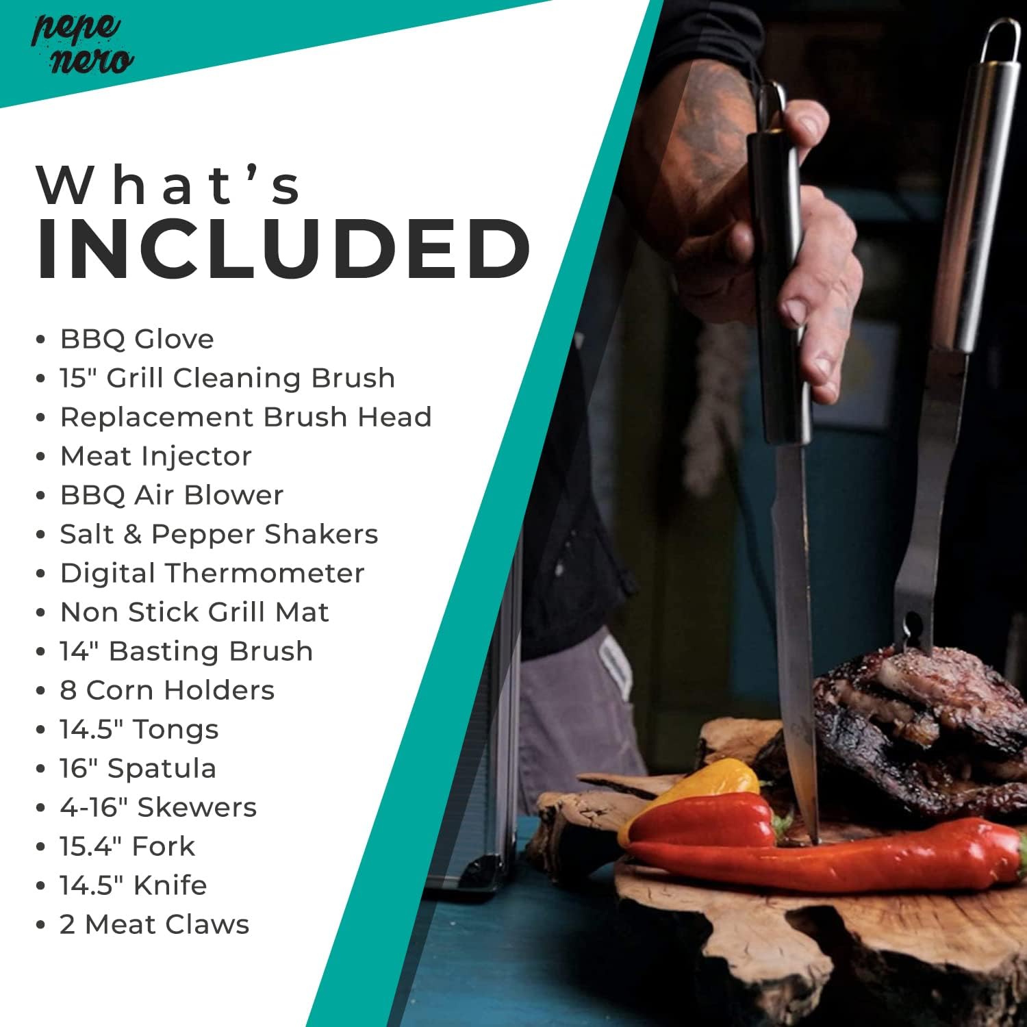 Pepe Nero Grill Smoker Barbecue Accessories Tools Set - 29 Pcs Stainless Steel BBQ Flat Top Grill Tool Kit with Case for Outdoor Cooking & Camping – Deluxe Grilling Gift for Men (Aluminum Case)
