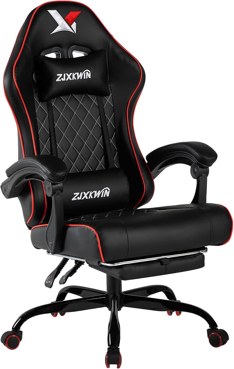 Silla para juegos con cojín de resortes ensacados, silla ergonómica para computadora con respaldo alto con reposapiés y soporte lumbar, altura ajustable, sillón reclinable giratorio de 360°, rojo