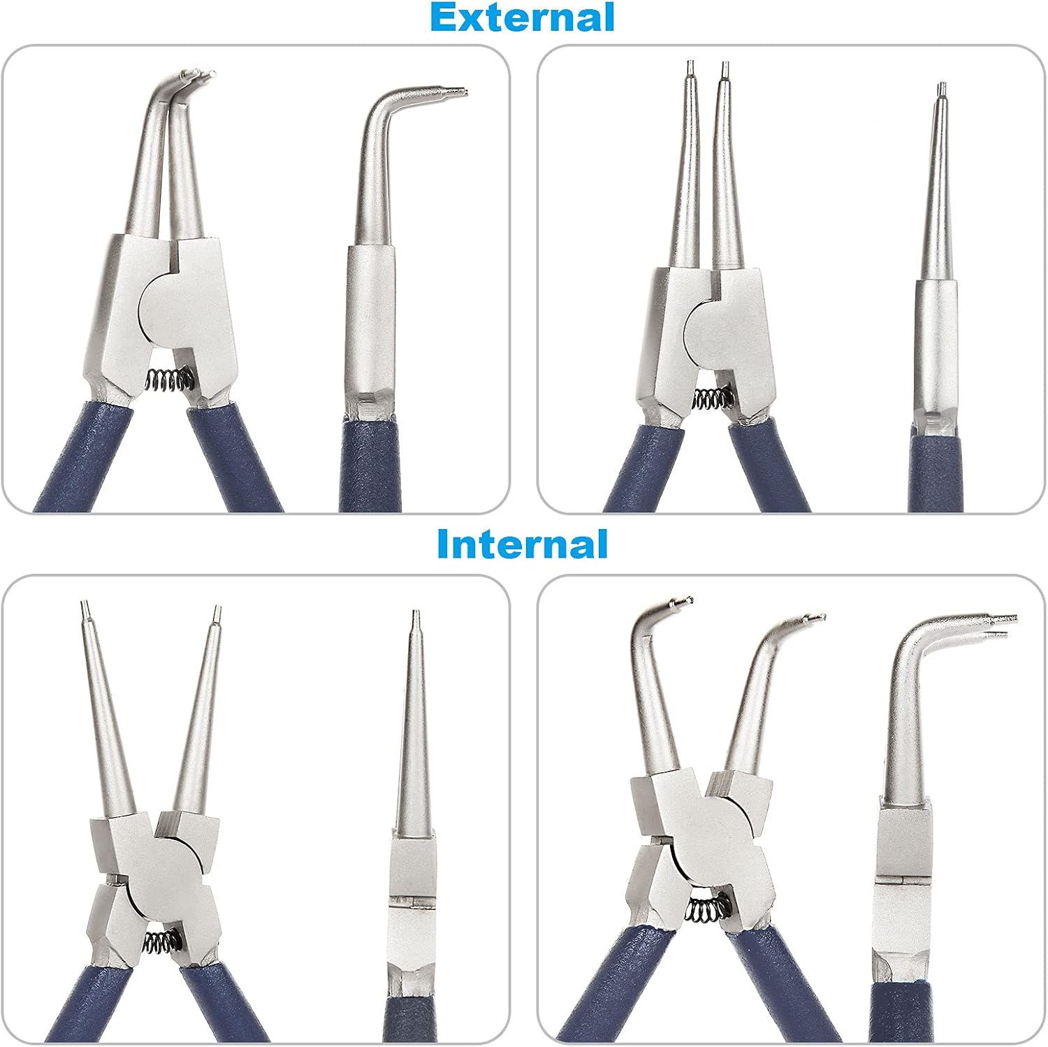 4 Pack 7 inch Snap Ring Pliers Set Heavy Duty Internal / External Circlip Pliers Kit with Straight Bent Jaw Precision Spring Loaded Pliers for Ring Remover Retaining (Blue)