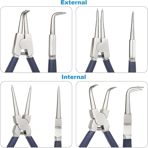 Miniatura 3 de Juego de 4 alicates de anillo a presión de 7 pulgadas, juego de alicates de clip para circuito internoexterno de alta resistencia con mandíbula