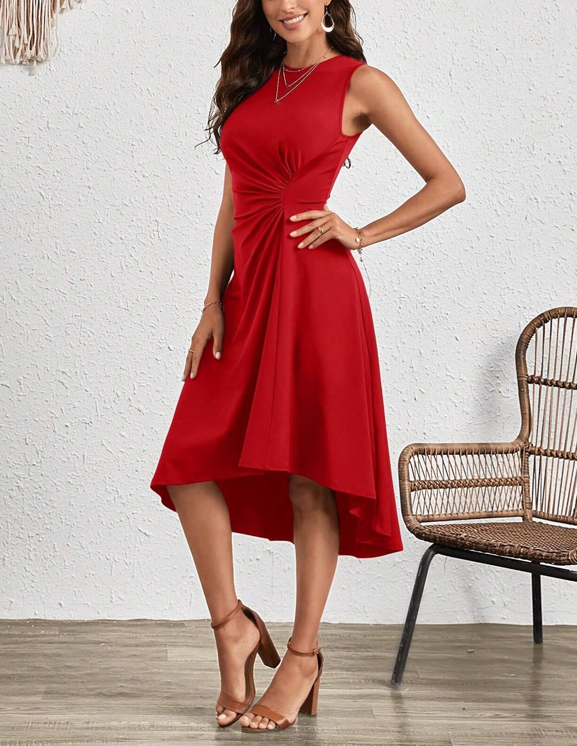 Damen Elegante Cocktailkleider ärmelloses Einfarbiges A-Linie Kleid mit Taillenfalten Abendkleider Partykleider Businesskleider