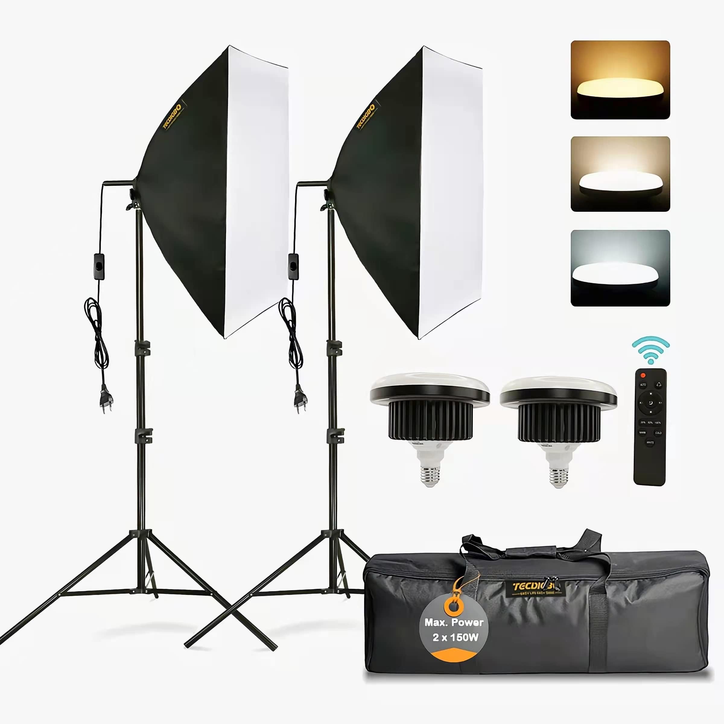 LED Softbox Set, Fotostudio Stufenloses Dimmen 2X 150W E27 Leuchtmittel, 50x70cm Softbox Fotostuido Set, 3000-6500K Softboxen Dauerlicht Kit für YouTube, Tiktok Videoaufnahme, Studio Portraits