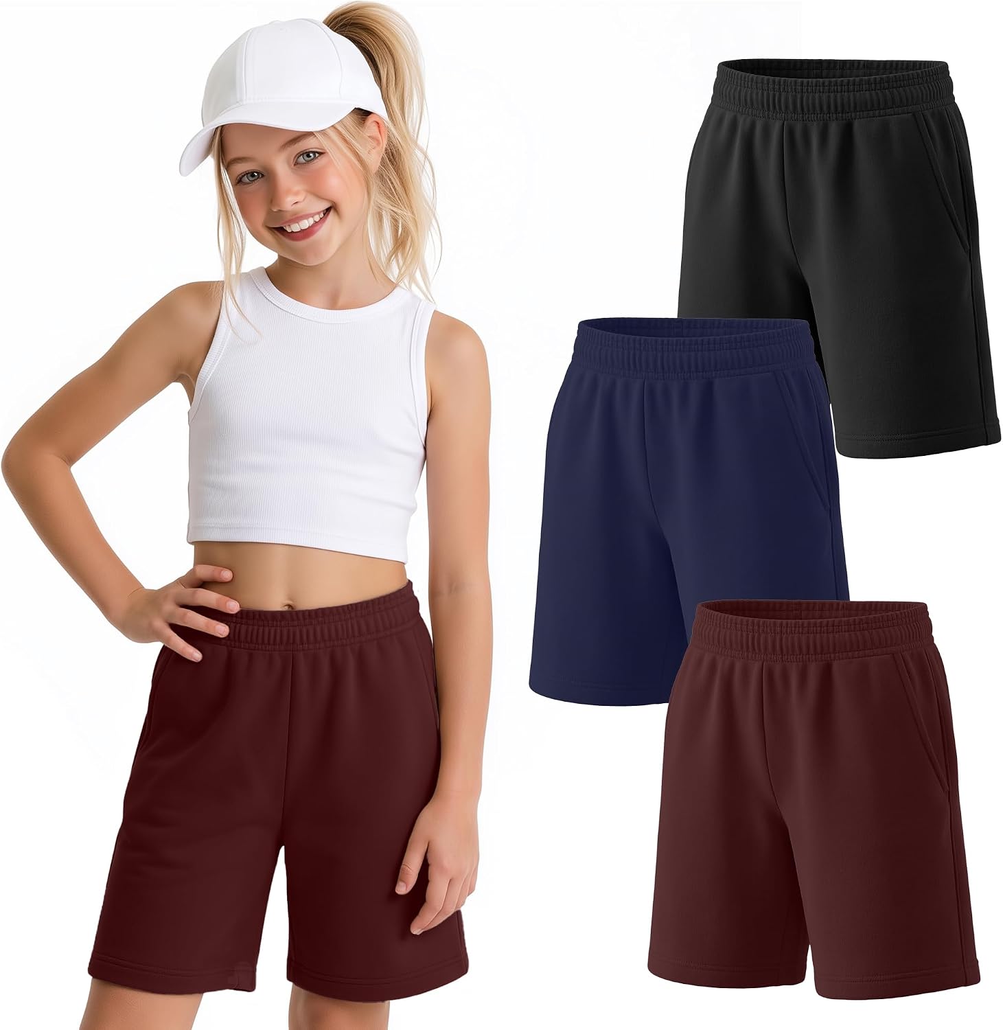 Oakgarden 3 Pack Girls’ Bermuda Shorts Knee Length Wide Leg Baggy SweatShorts Elastic Waist Long Shorts Pull On with Pockets