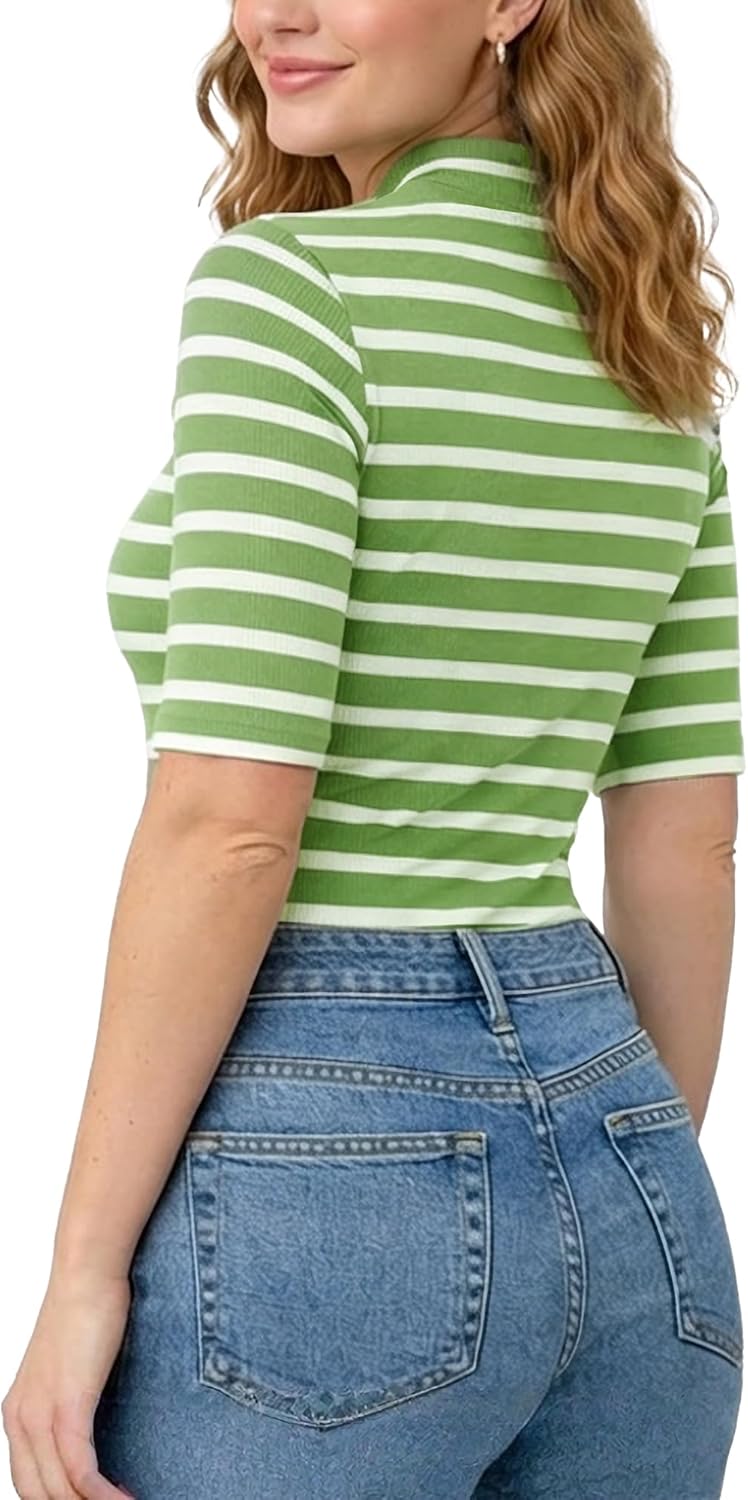Zengjo Women‘s Striped Shirt Mock Neck Elbow Length Slim Fitted Short Sleeve Ribbed Turtleneck Tops - Image 4