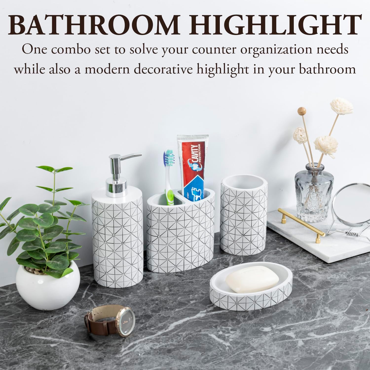 MyGift Bathroom Accessory Set, Liquid Soap or Lotion Dispenser, Toothbrush Holder, Tumbler Cup and Soap Dish, Modern Geometric Design Decor