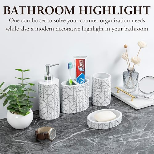 Miniatura 2 de MyGift Moderno juego de accesorios de tocador de baño de resina gris con diseño geométrico en relieve, incluye dispensador de jabón líquido o
