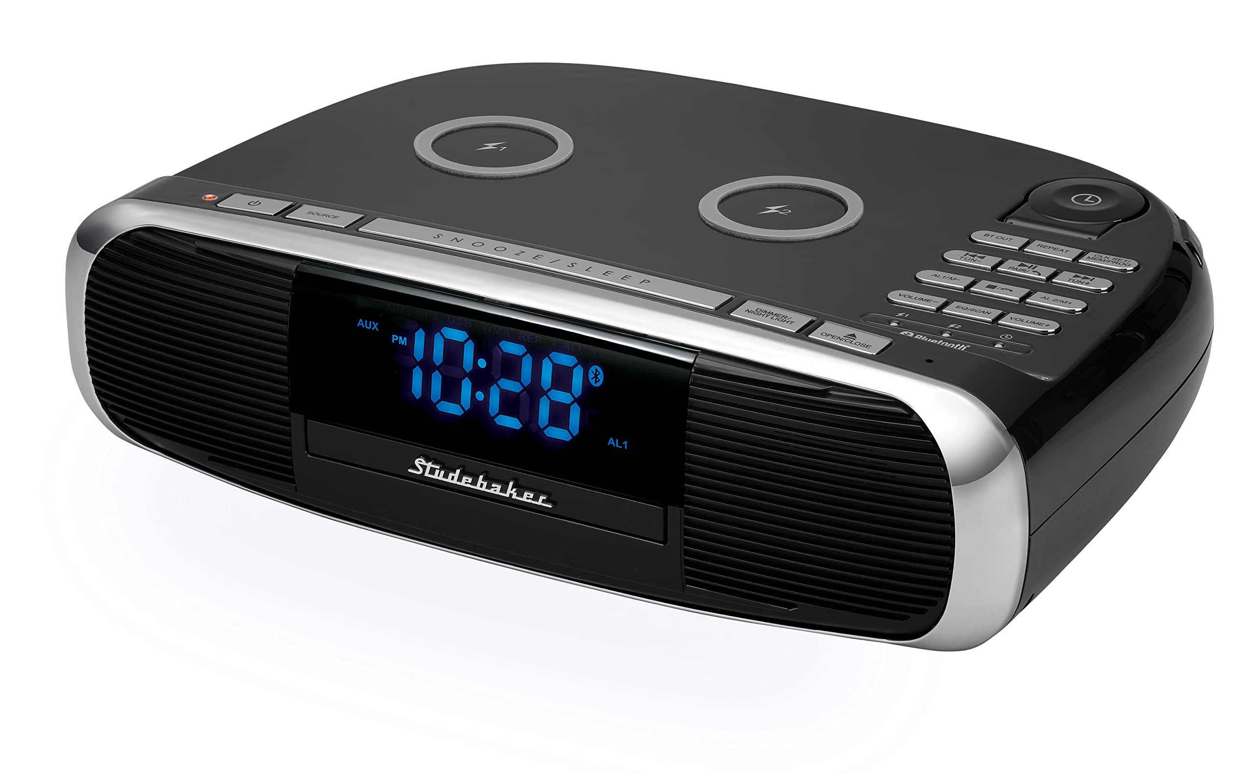 Studebaker Workstaton HiFi Music System with Bluetooth, FM Radio, CD, and Qi Wireless Charging Station (Black)