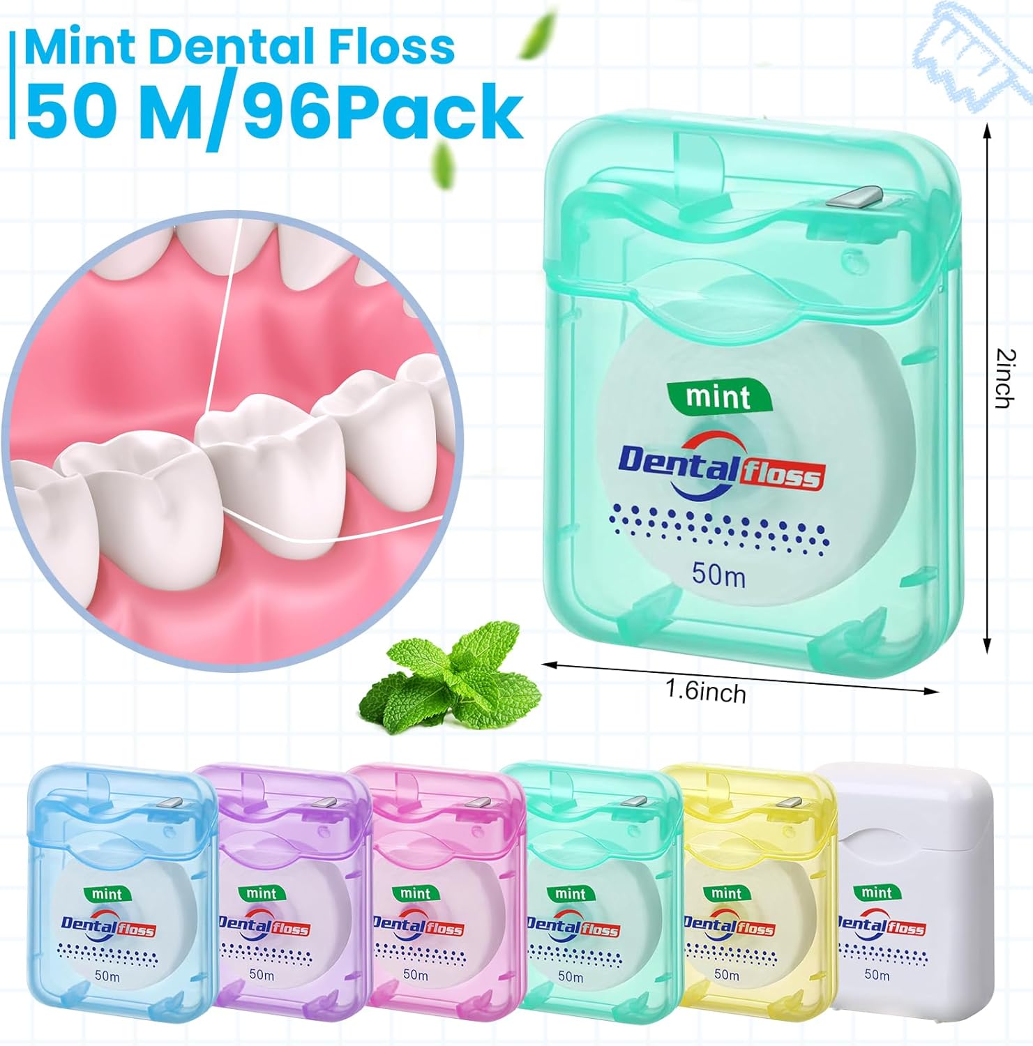 Geiserailie 96 Pack Dental Floss Bulk Mint Flavored Floss 50m Each Travel Dental String Oral Care for Teeth Protection(Square Box)