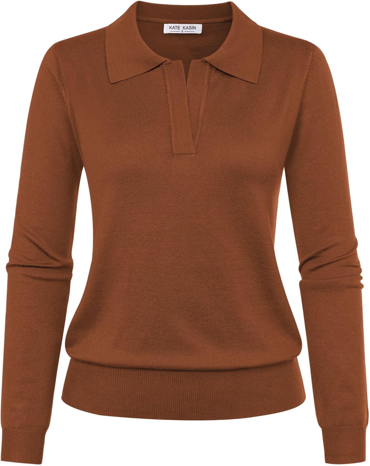 Kate Kasin Women Long Sleeve Polo Sweater V Neck Knitted Tops Casual Ribbed Shirt Loose Pullover Sweater