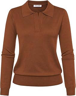 Women Long Sleeve Polo Sweater V Neck Knitted Tops Casual Ribbed Shirt Loose Pullover Sweater