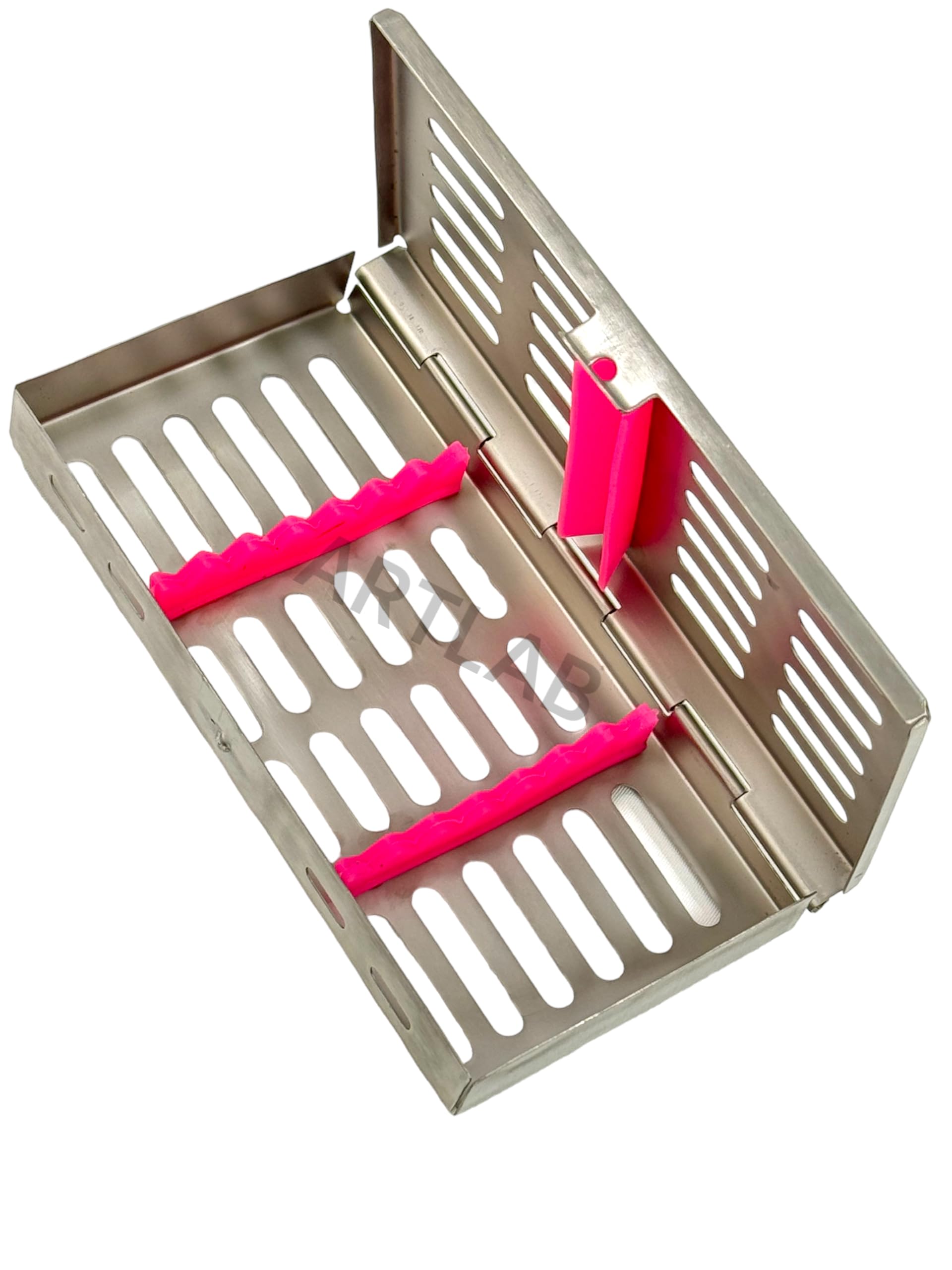 Autoclave Tray Rack Box Cassette for Dental Instruments Fits 7 Instruments - Features Removable Silicone Inserts - German Stainless Steel CE (Pink)