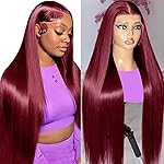 13x6 99j Burgundy Lace Front Wigs Human Hair Pre Plucked 28 Inch HD Straight Lace Front Wigs Human hair Glueless Red Wig Wine Red Colored Lace Front Wigs For Women 180 Density