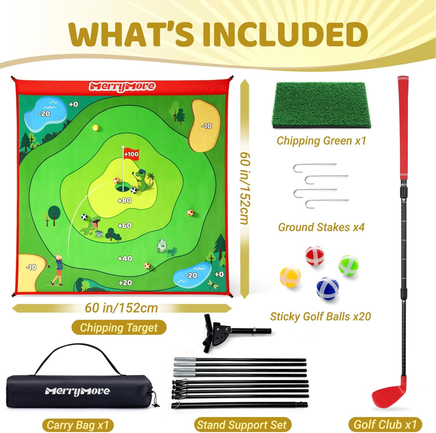 Golf Chipping Game Set: Large Chipping Mat, 1 Adjustable Club, 20 Sticky Balls, Indoor Outdoor Golf Practice Training Toy Gift for Kids Adults, Family Yard Target Game