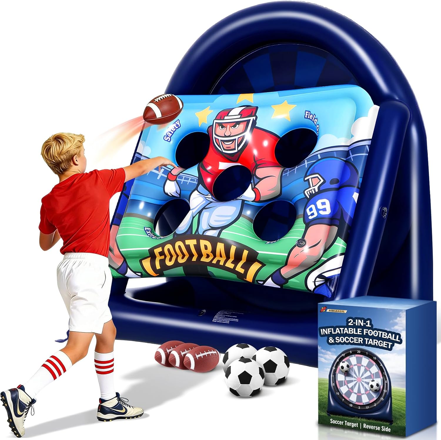 6FT Giant Football Toss & Soccer Dart Board Game, Inflatable 2-Sided Outdoor Yard Game with Pump, Backyard Carnival Party Game for Family