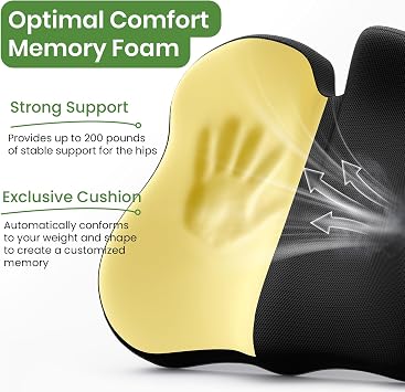 A-Pce Seat Cushion-Large Memory Foam Cushion for Office Chair-Sciatica & Lower Back & Coccyx Pain Relief-Coccyx Cushion for Car&Long Sitting at Work,Deep Black