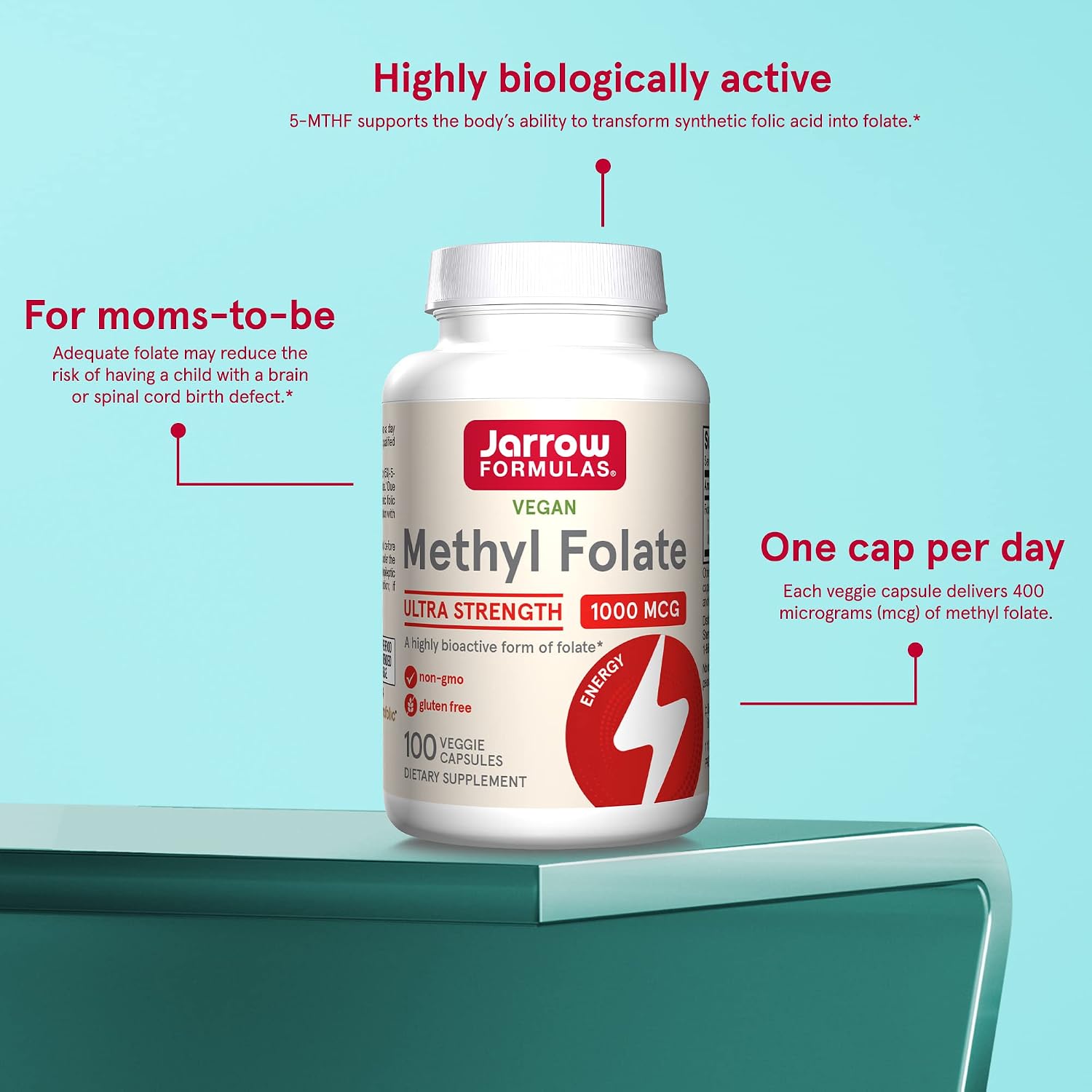 Jarrow Formulas Methyl Folate 1000 mcg - 100 Veggie Caps - Highly Biologically Active Form of Folate - 4th Generation Folic Acid Technology - 100 Servings