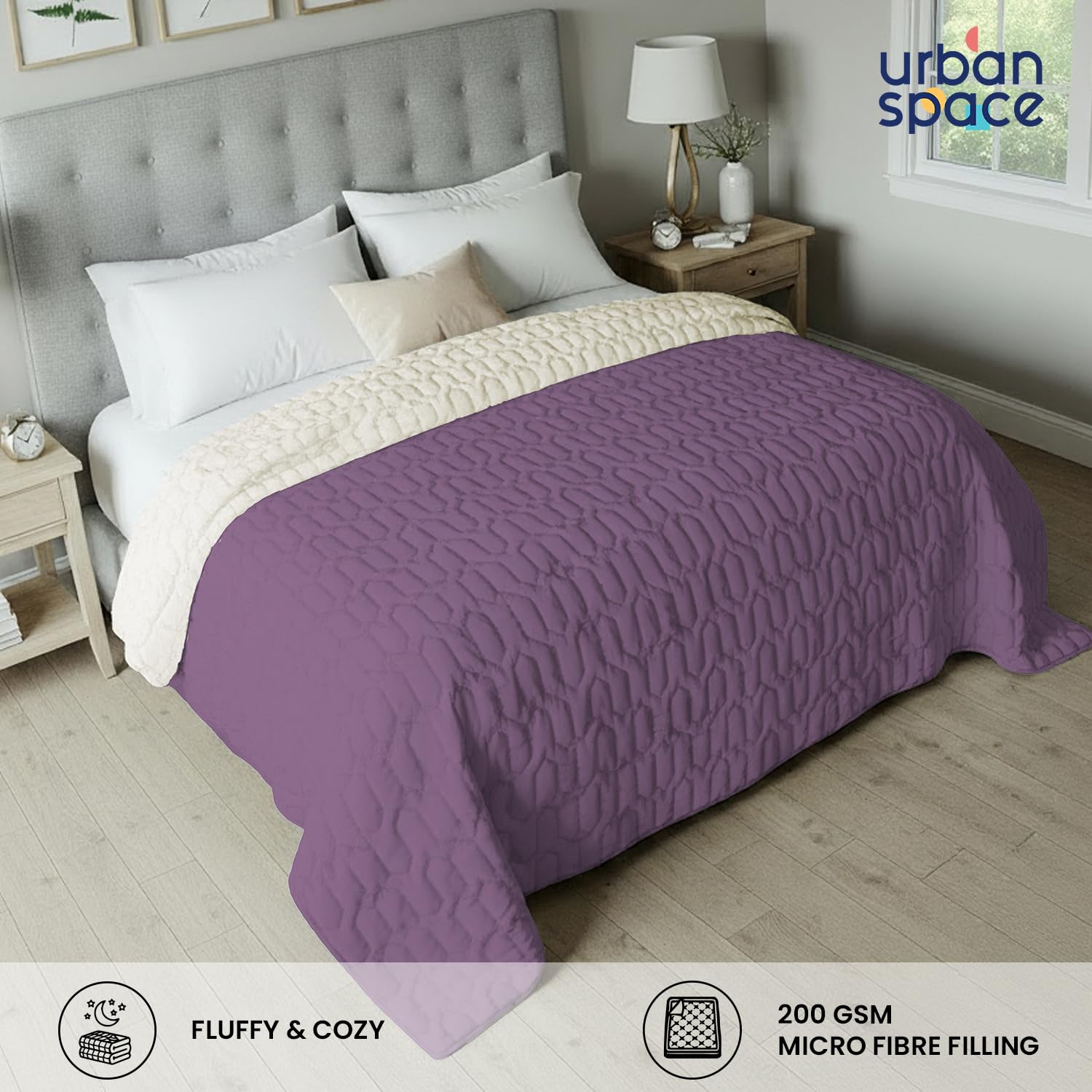 Urban Space Ultra Soft Quilted Winter Solid Comforters for Double Bed | 200 GSM | Fluffy Microfibre Reversible Solid AC Blanket/Duvet for Luxury (Plum & Pearl - 88 X 95 Inches or 225 cm X 240 cm)