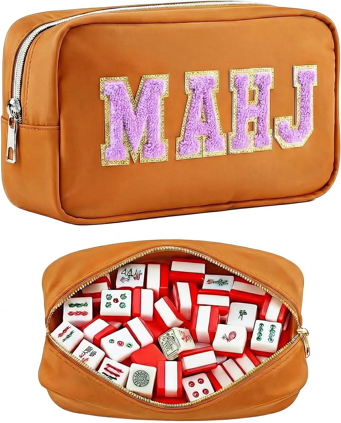 Mahjong Tile Bag – Brown Waterproof American Mahjong Case for 166 Standard Tiles, Portable Empty Zipper Carrying Bag for Game Night & Travel (Bag Only)