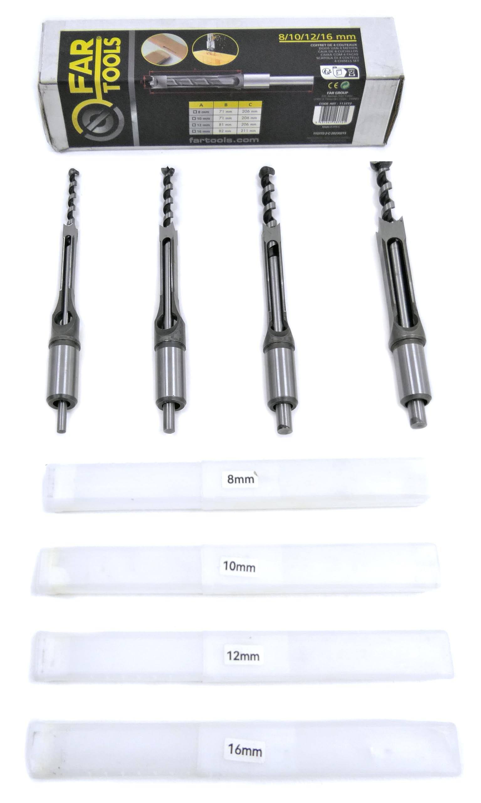 Fartools Coffret de 4 couteaux de mortaisage ø8 ø10 ø12 ø16mm - Pour mortaiseuse à bedaine carré