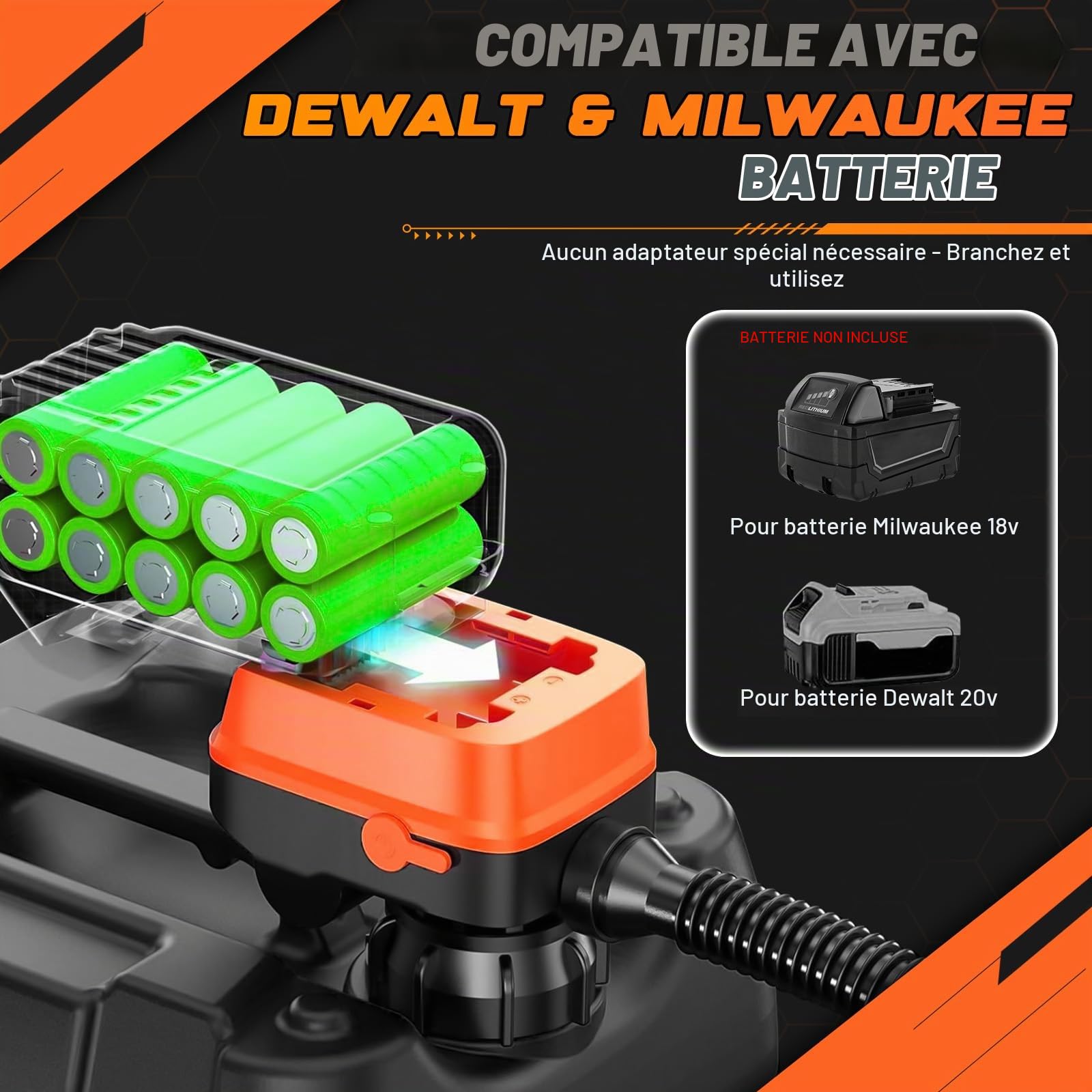 Pompe carburant arrêt automatique pour Dewalt 20 V Milwaukee 18 V batterie | Pompe de transfert portable pour essence, diesel, kérosène (12 L/min) avec tuyau, adaptateurs