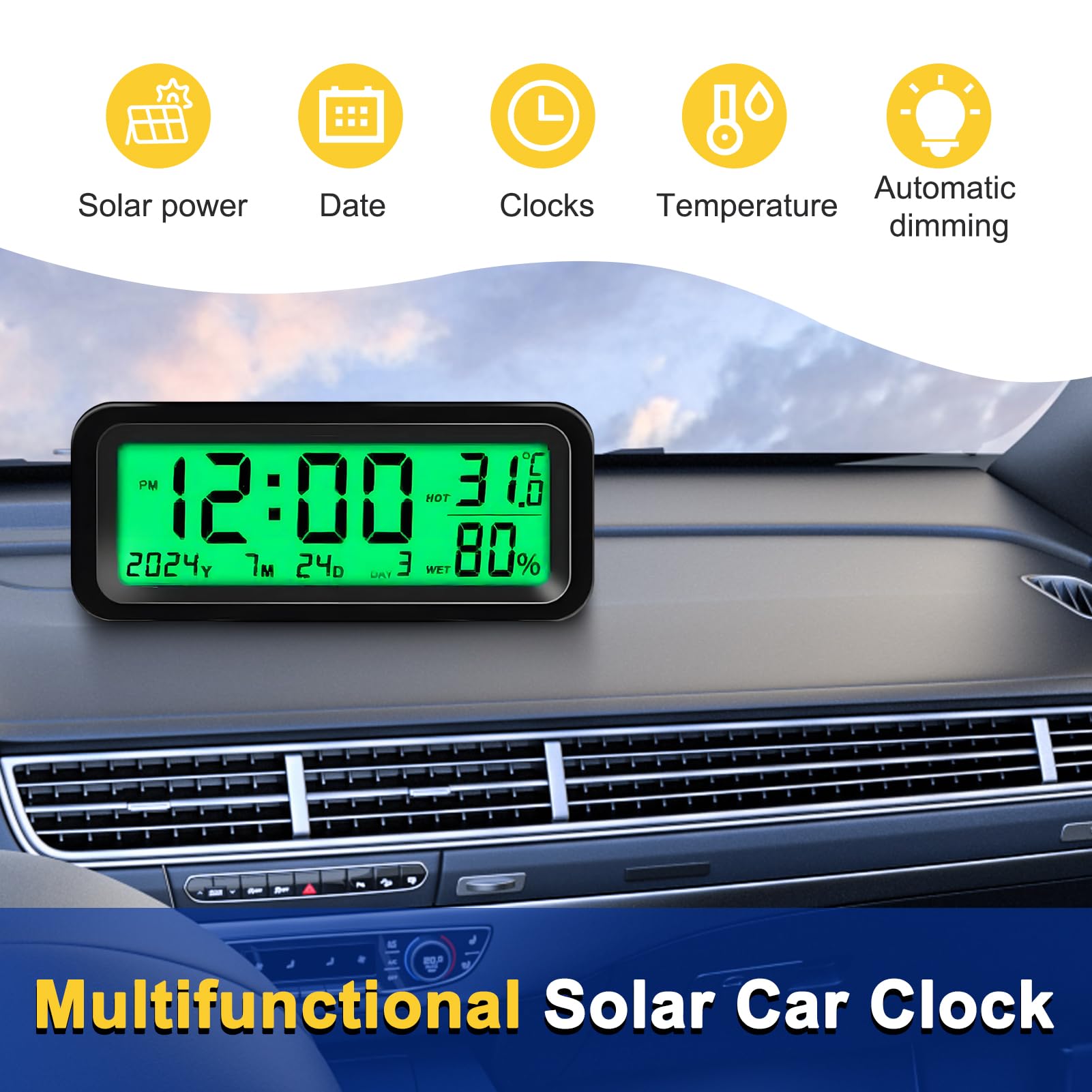 Led-autoklok, digitale klok om op te plakken, motorklokken op batterijen | verlicht touchscreen horloge, multifunctionele autoklok voor winddashboard
