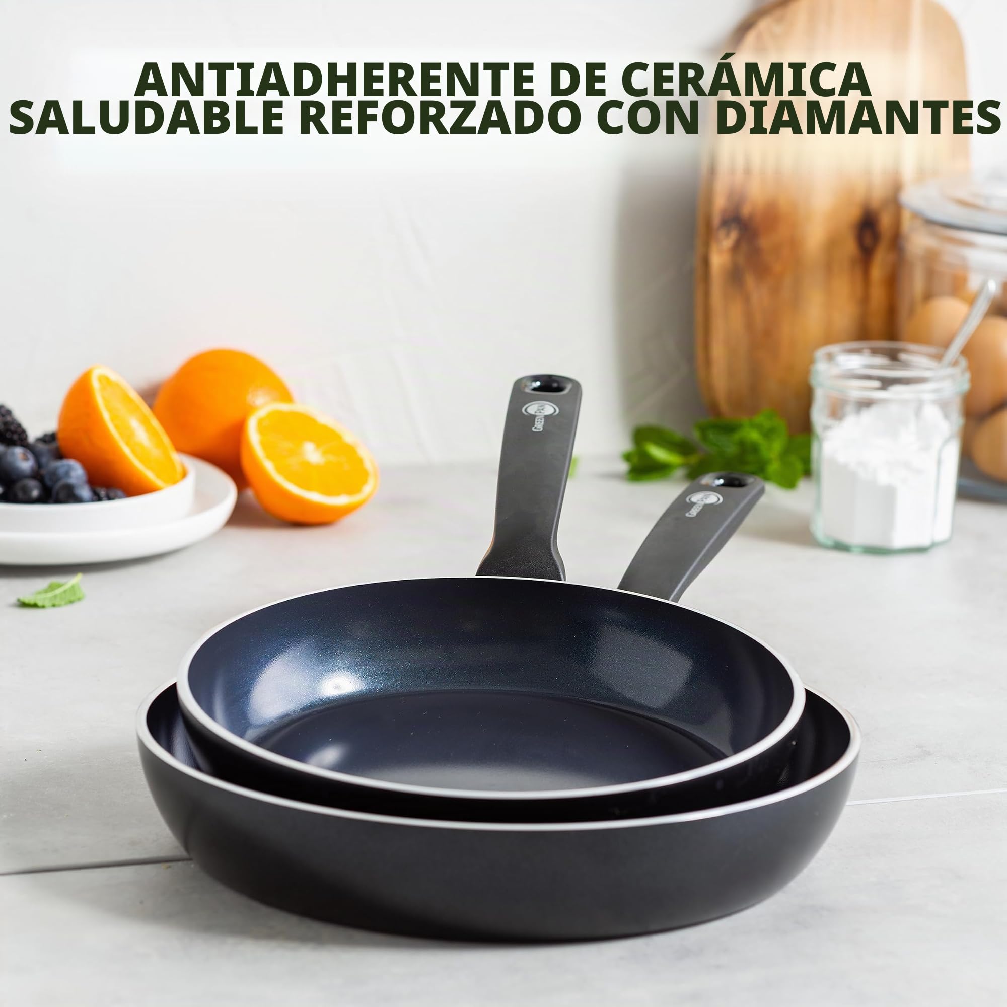 GreenPan Torino Juego de sartenes cerámicas antiadherentes saludables de 3 piezas, 20 cm, 24 cm y 28 cm, libre de PFAS, inducción, aptas para horno hasta 160 °C, aptas para lavavajillas, negras