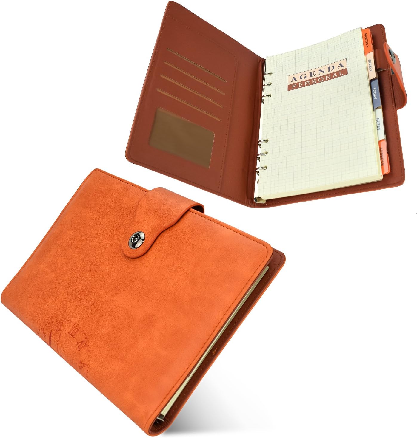 Leather Notebook,Refillable Journal,Personal Agenda with Label, Leather Diary with Magnetic Clasp/Card Holder/Pen Loop,6 Hole Lined 106 Pages, A5 / 8.4 X 6.1 Inches, Beige