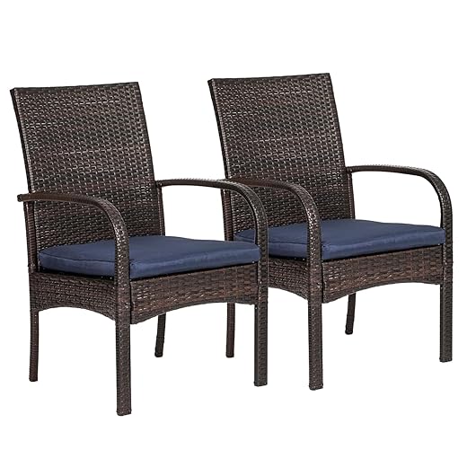 Outdoor Wicker Patio Dining Chairs with Padded Cushions Set of 2: Porch Rattan Chairs Club Chairs with High Back and Deep Seating 350lbs, Brown