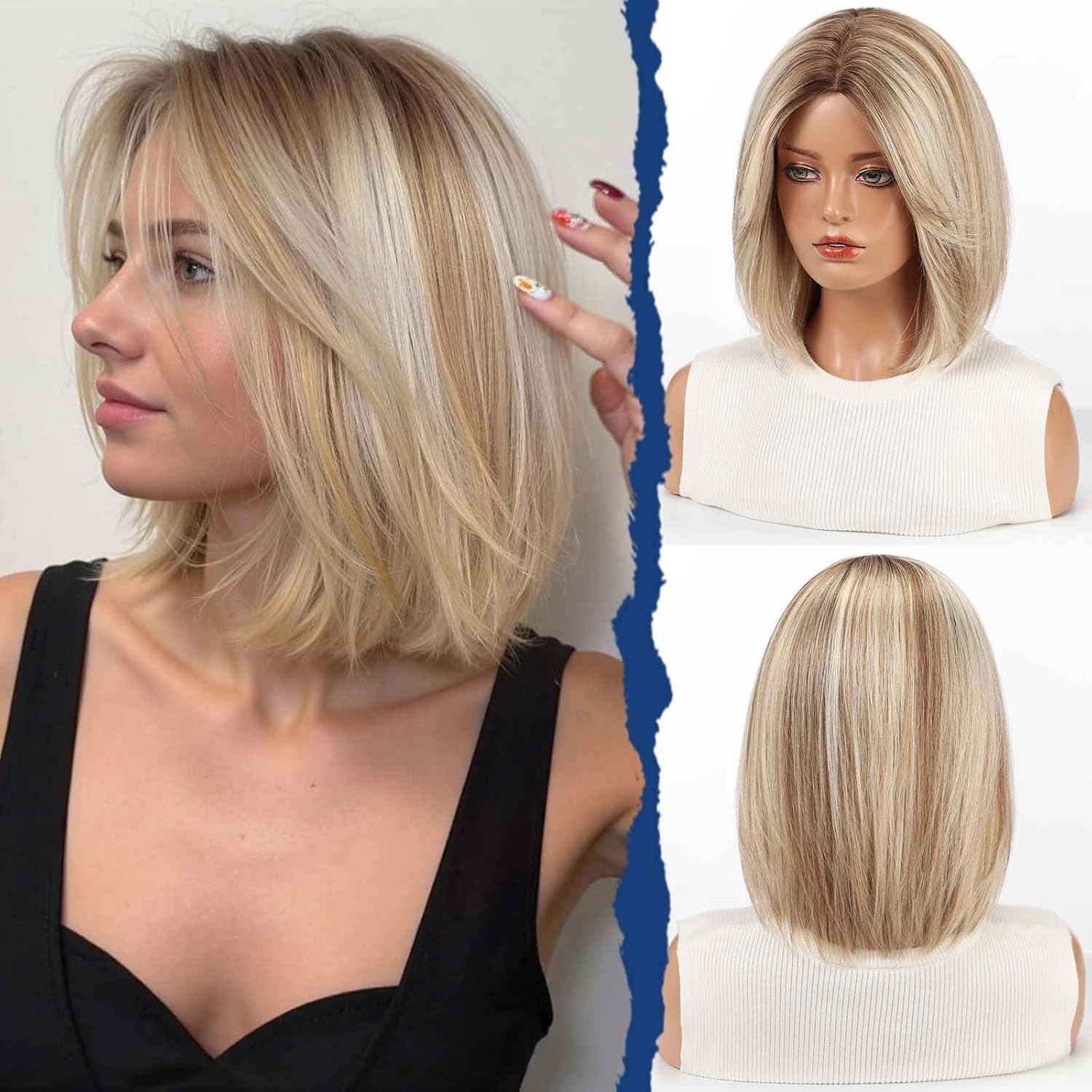 Starluck Human Hair Bob Wig with Curtain Bangs - Ombre Look