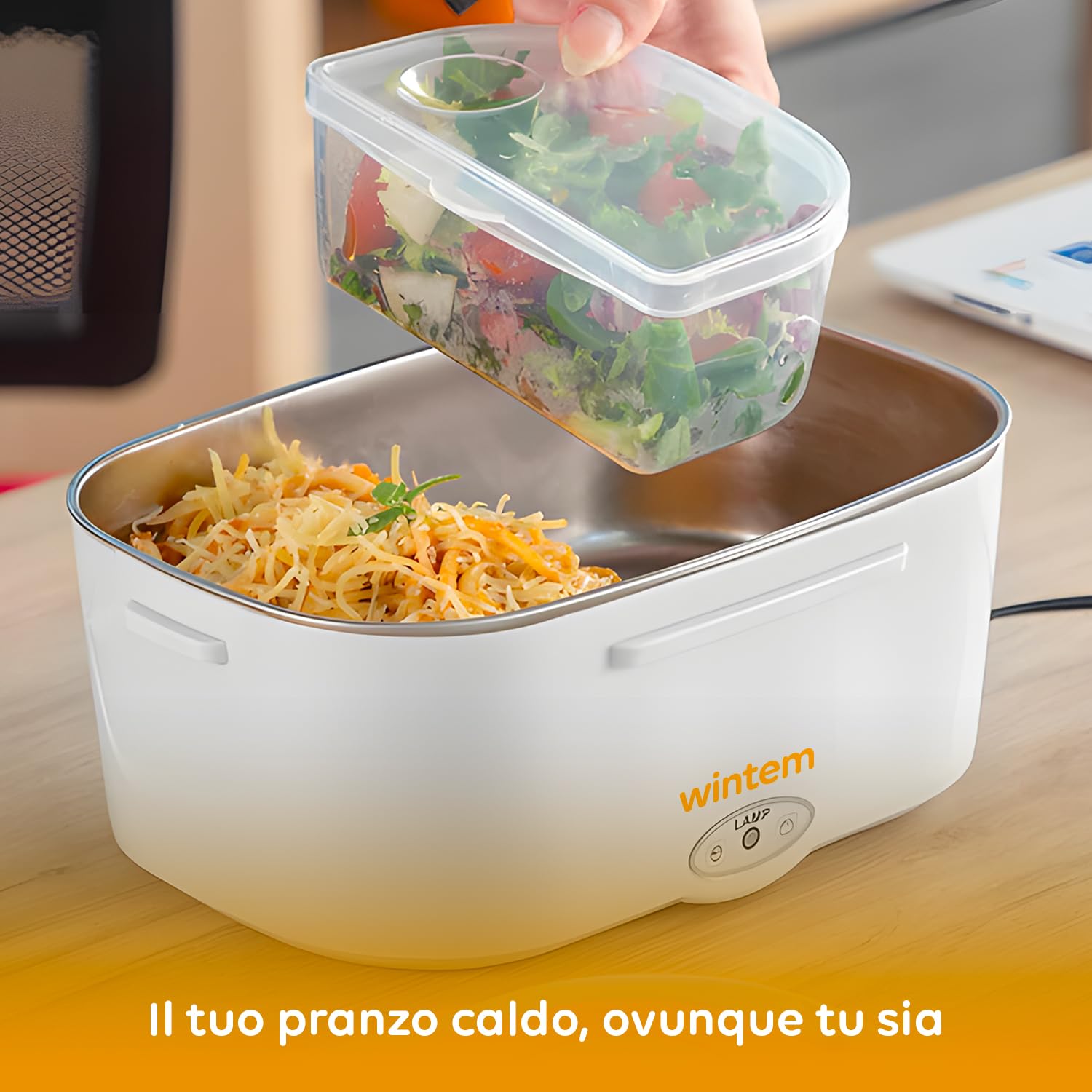 Wintem - Porta Pranzo Termico Elettrico 1,5L con Contenitori in Acciaio Inox, Riscaldamento 30 Min, Comparti Separati, Ideale per Ufficio, Viaggi e Pausa Pranzo Fuori Casa