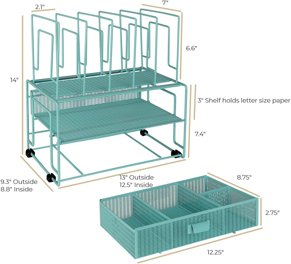 BLU MONACO Aqua Workspace Desk Organizer and Accessories Desktop Rack with File sorters and Drawer for Office Supplies, Paper, Device and Folder