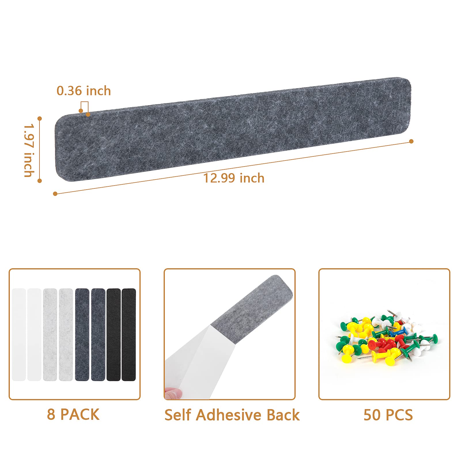Jeethemy Filz-Pinnwand Set – 8 Selbstklebende Streifen (33x5 Cm) Mit 35 Nadeln, Mehrfarbig, Für Wand Ohne Bohren
