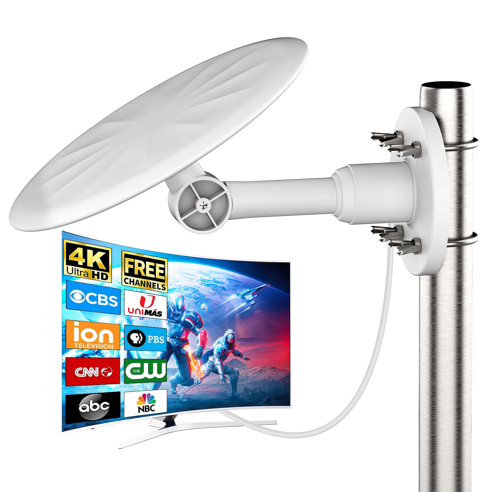 Antenne TNT Extérieure HD avec Amplificateur de Signal, Modèle Râteau DVB-T2 Haute Performance, Réception TV 360° Longue Distance, 4K UHD Compatible Smart TV，Blanc
