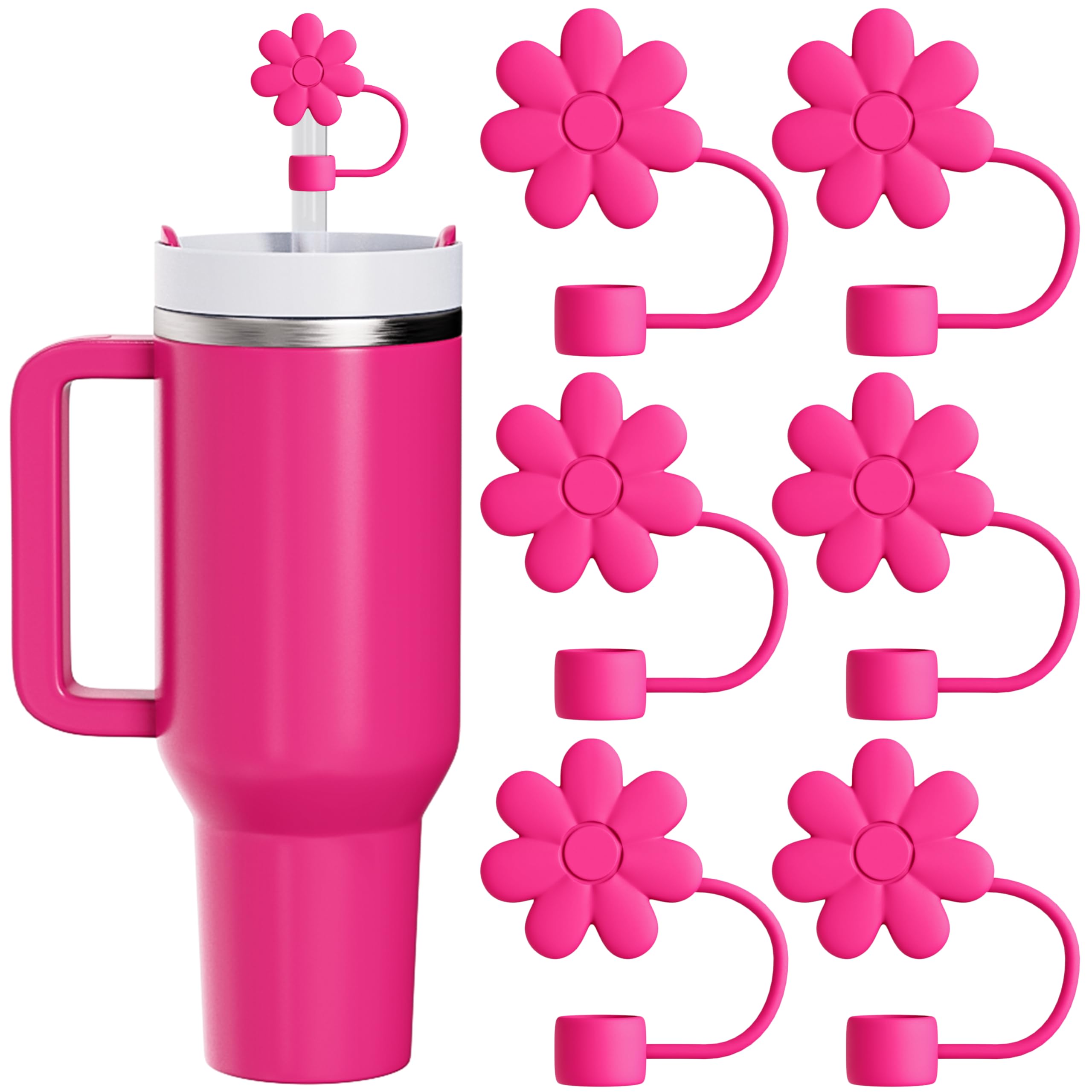 6Pcs Cute Flower Straw Covers Cap for Stanley Cup Accessories, 10mm Silicone Drinking Straw Toppers Compatible with Stanley 30&40 Oz Tumbler Cups Hot Pink